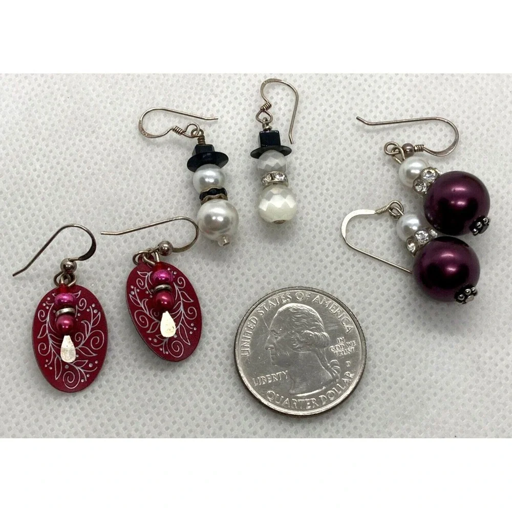 Vintage‎ Lot of 3 Beaded Dangle Earrings Sterling 925 Silver 11g Snowman Purple